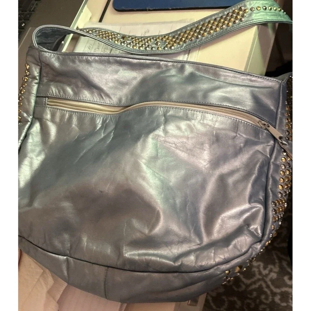 Vintage 1980’s Shiny BlueHobo Genuine Leather Shoulder Bag Metallic Gold Studded